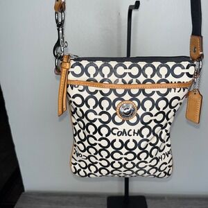 Coach Signature C Monogram Crossbody Bag Beige Black Leather‎ Trim